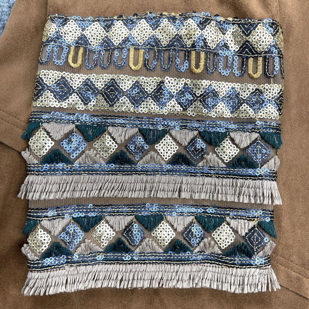 Soft Surroundings Faux Suede Cardigan Womens Large Boho Sequined Fringed Cuffs - Picture 4 of 10